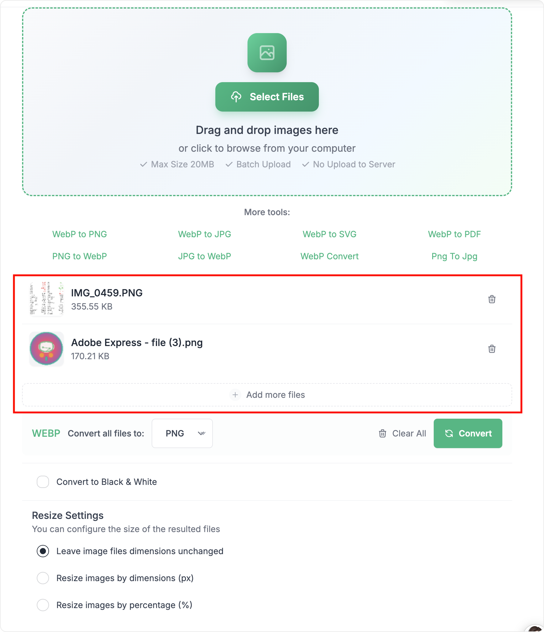Batch convert WebP to PNG files with multiple file selection